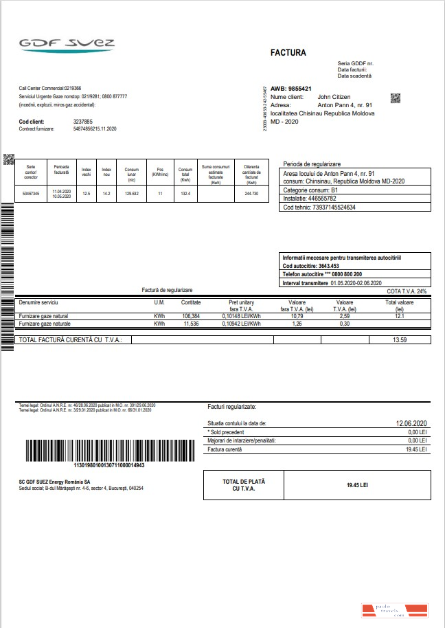 Moldova Gas utility bill template in Word and PDF format